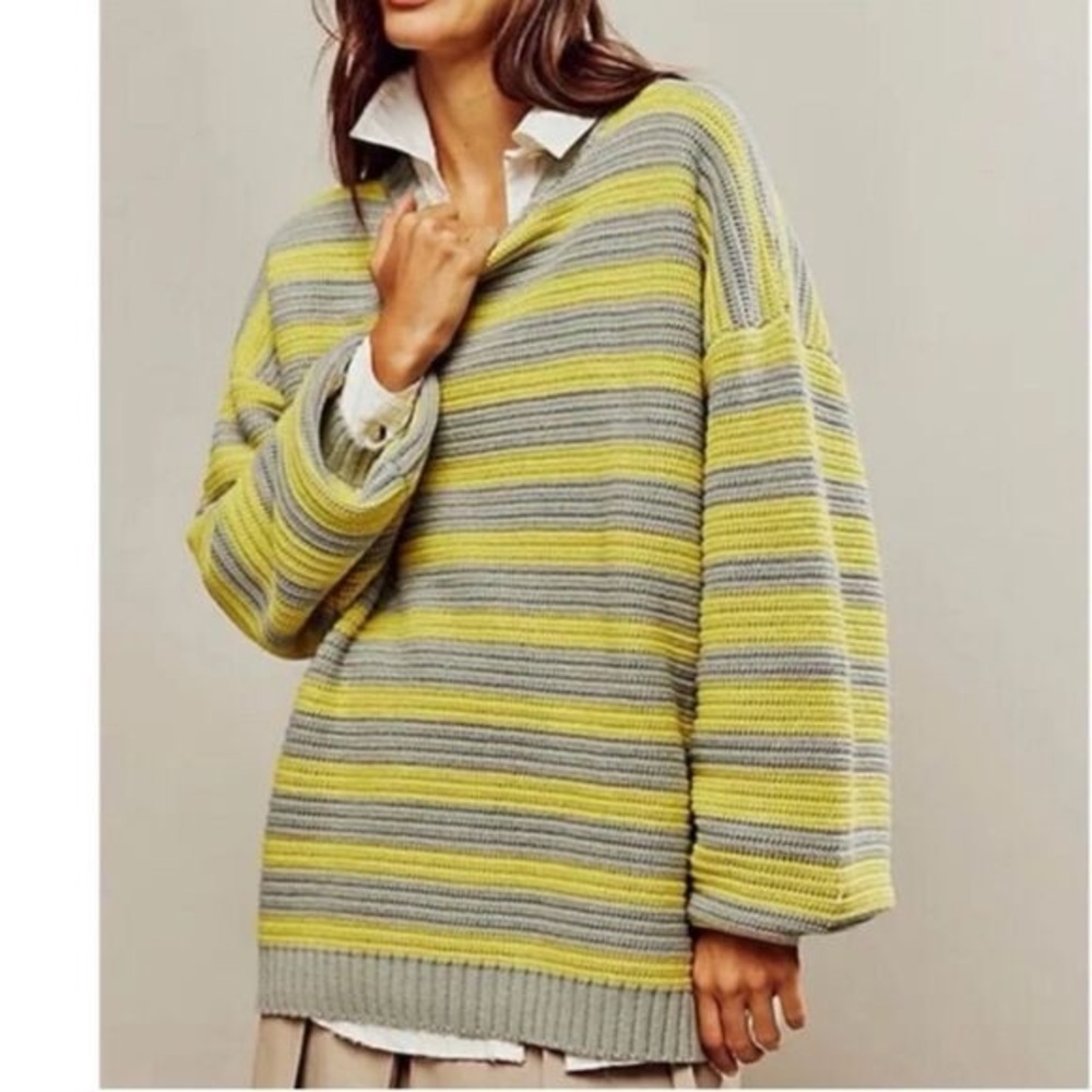 Free People Links Sweater Crewneck Knit Oversized Striped Slouchy Heavy - Picture 10 of 10